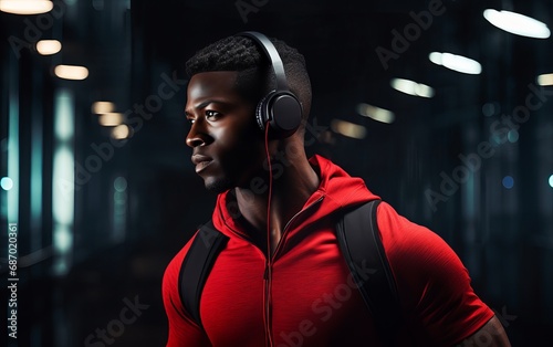Fit African American man in red hooded T-shirt wearing headphones at the gym. AI © Vitalii But