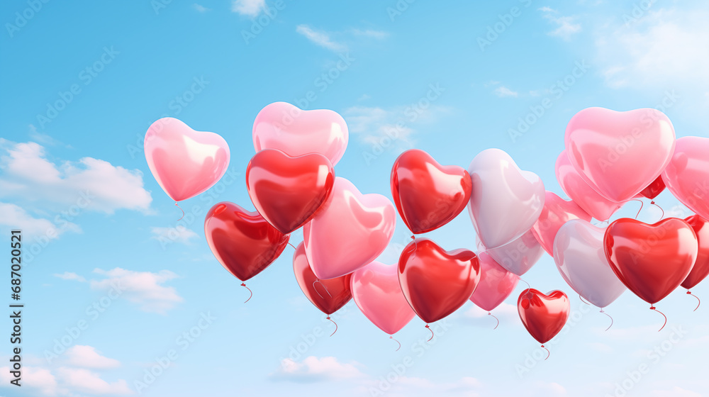 Heart-shaped balloons floating into a bright blue sky Valentine's day Generative AI