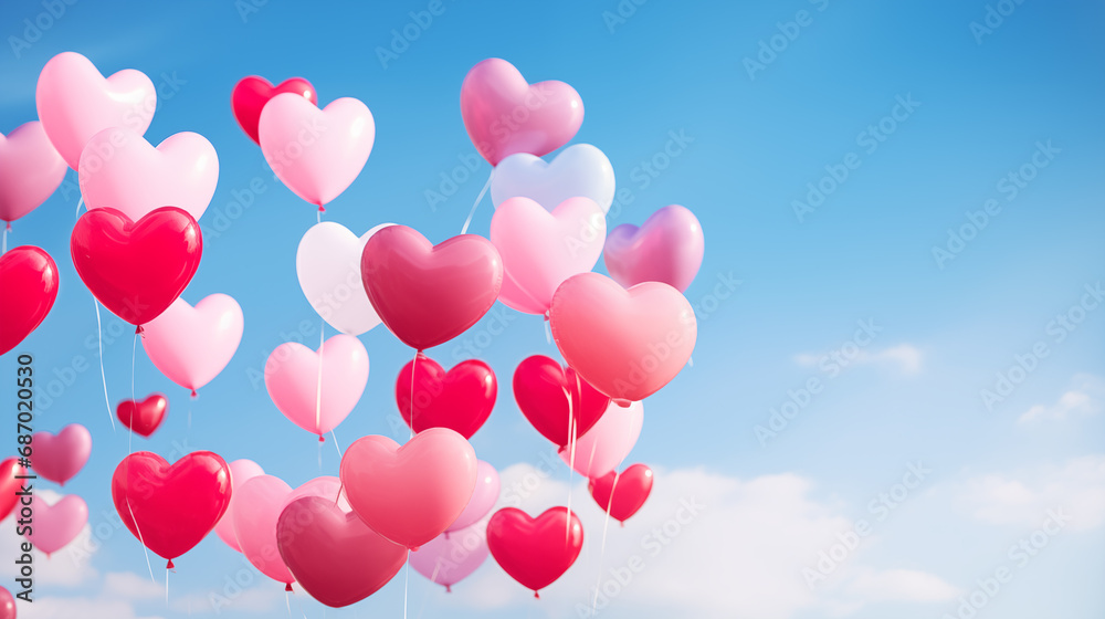 Heart-shaped balloons floating into a bright blue sky Valentine's day Generative AI