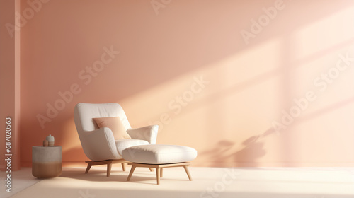 Minimal interior design of a stylish pastel room. Coral pink wall, lounge chair with wood on rug and wood floor, pillow, side table with ceramic vases. Sunlight. Empty wall mock up background. 
