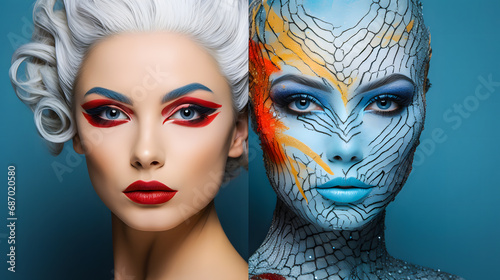 Deux visages de femme avec maquillage artistique
