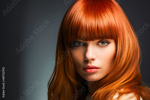 Portrait de femme rousse avec de longs cheveux lisses et une frange photo