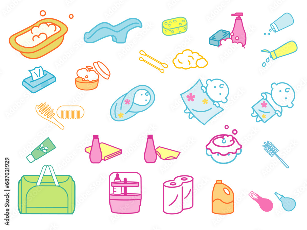 List of various accessories and equipment for cleaning babies, Vector icons with adjustable line width