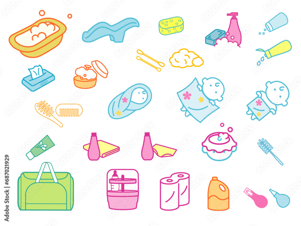 List of various accessories and equipment for cleaning babies, Vector icons with adjustable line width List of various accessories and equipment for cleaning babies, Vector icons with adjustable line width