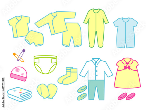 Clothing items for newborn to toddler  Vector icons with adjustable line width