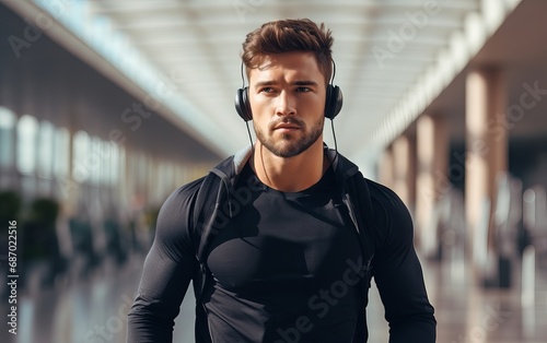 Athletic man in black long sleeve wearing headphones outdoors. AI
