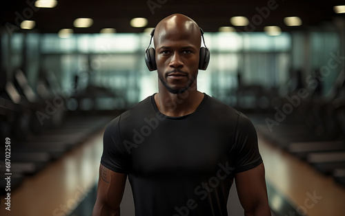 Fit bald African American man in black t-shirt wearing headphones at the gym. AI