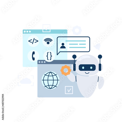 Digital chat bot, robot assistant for customer support. Concept of virtual conversation assistant for getting help. Vector illustration isolated on white background.
