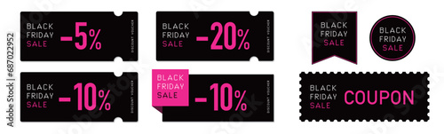 ブラックフライデーセールに使える黒とピンクのクーポンベクターデザイン素材セット2