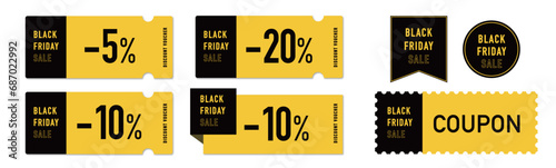 ブラックフライデーセールに使える黒と黄色のクーポンベクターデザイン素材セット2