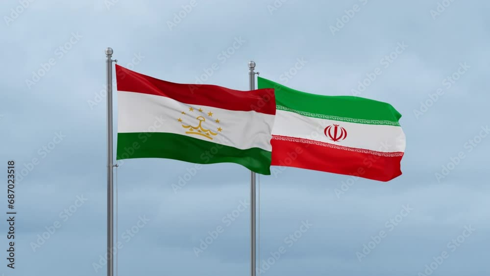 Iran flag and Tajikistan flag waving together on blue sky, looped video Iran flag and Tajikistan flag waving together on blue sky, looped video