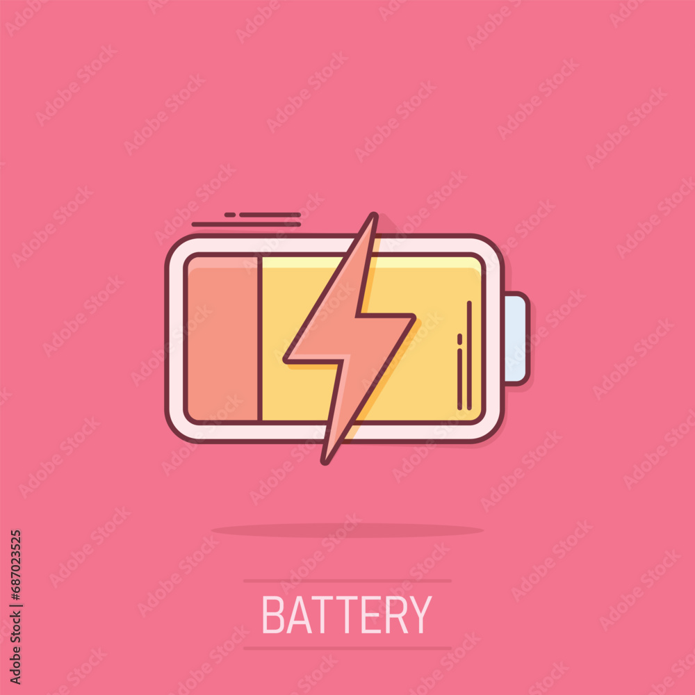 Vector cartoon battery charge level indicator sign icon in comic style. Battery sign illustration pictogram. Accumulator business splash effect concept. Vector cartoon battery charge level indicator sign icon in comic style. Battery sign illustration pictogram. Accumulator business splash effect concept.