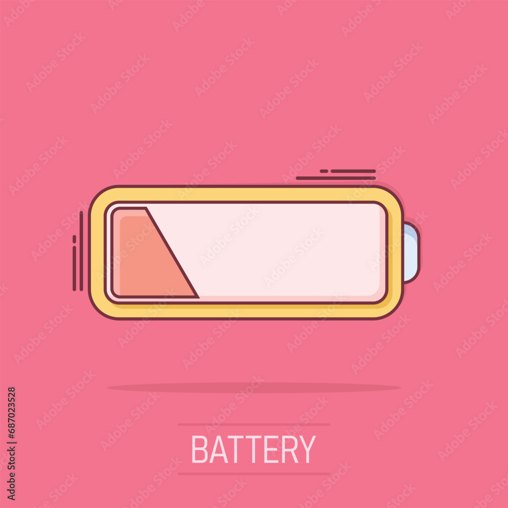 Vector cartoon battery charge level indicator sign icon in comic style. Battery sign illustration pictogram. Accumulator business splash effect concept. Vector cartoon battery charge level indicator sign icon in comic style. Battery sign illustration pictogram. Accumulator business splash effect concept.