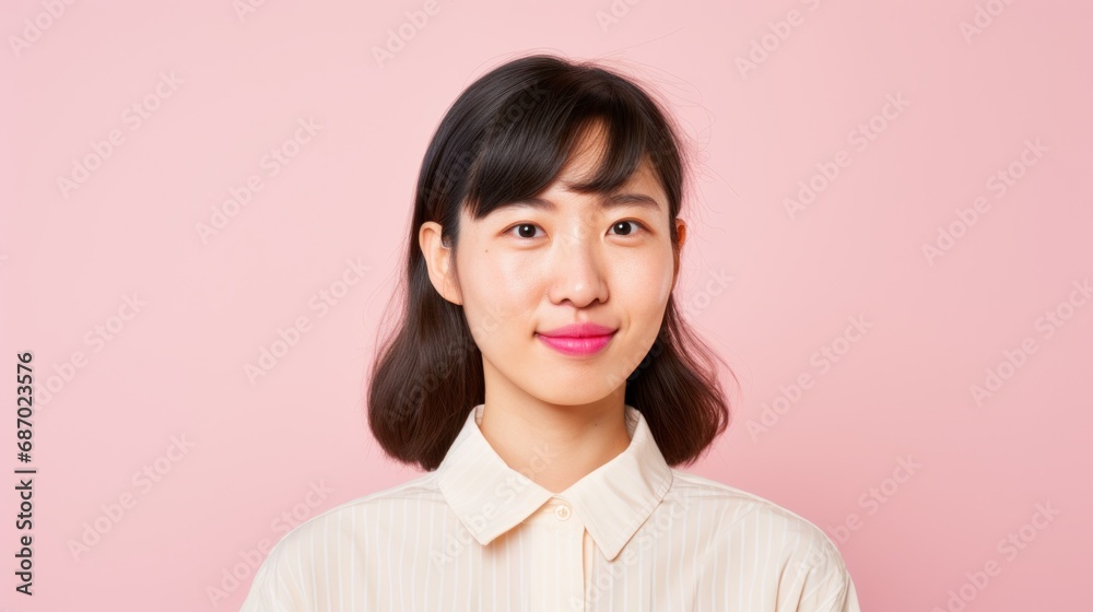 Beauty portrait of a Korean fashionista featuring diverse hairstyles, makeup, and stylish clothing, captured against a soft pink studio background. Beauty portrait of a Korean fashionista featuring diverse hairstyles, makeup, and stylish clothing, captured against a soft pink studio background.
