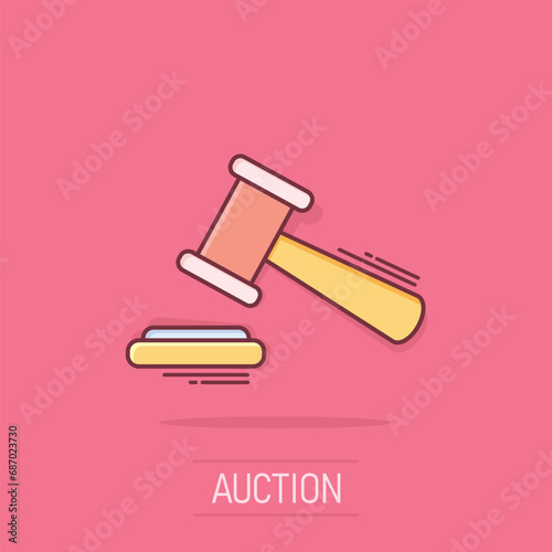 Vector cartoon auction hammer icon in comic style. Court tribunal sign illustration pictogram. Hammer business splash effect concept.