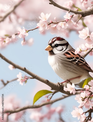 A cute sparrow bird on a flower blossoming cherry tree.World Sparrow Day concept