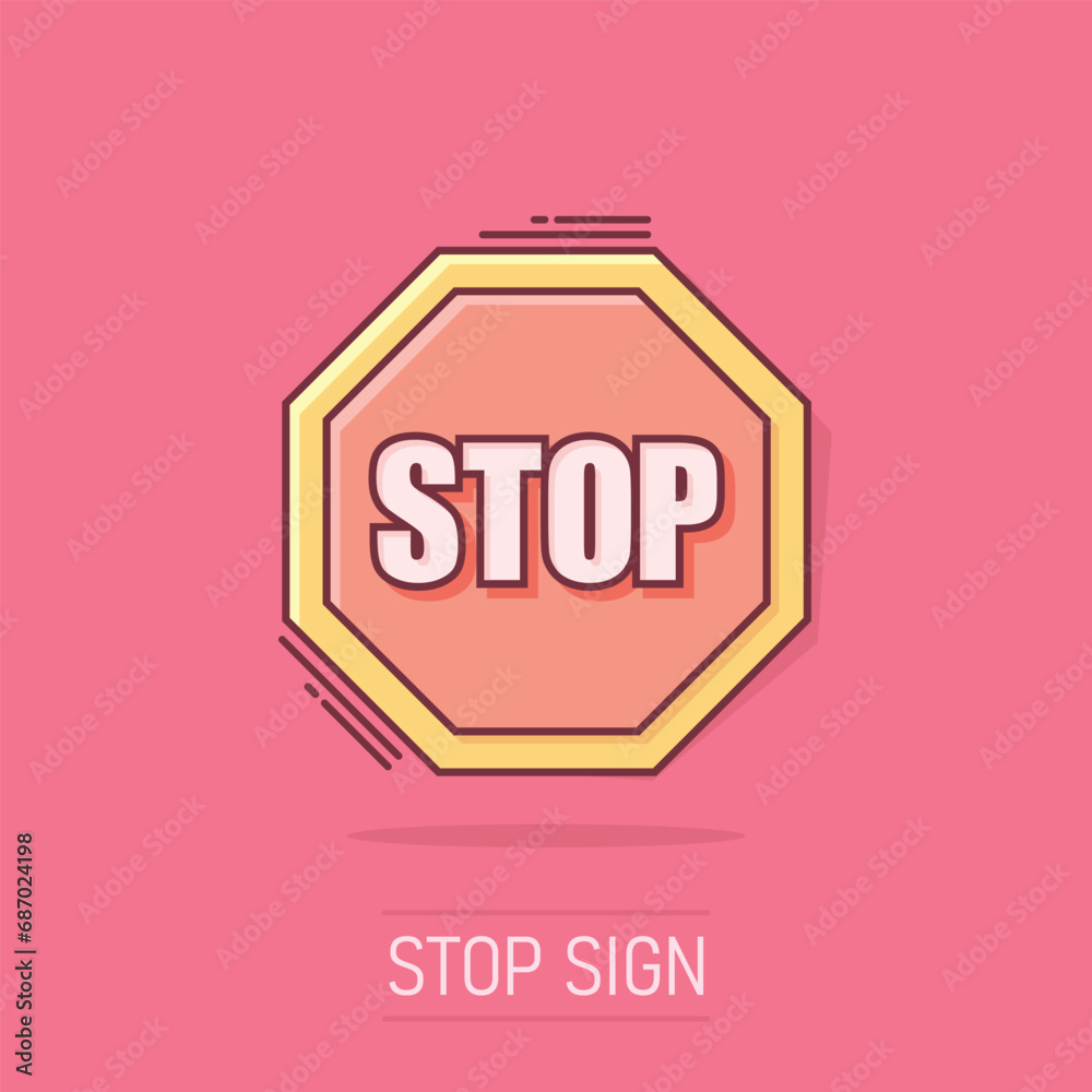 Vector cartoon red stop sign icon in comic style. Danger sign illustration pictogram. Stop business splash effect concept. Vector cartoon red stop sign icon in comic style. Danger sign illustration pictogram. Stop business splash effect concept.