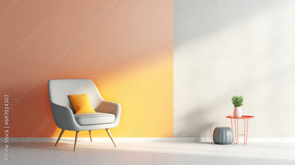 Minimal interior design of a stylish room. Yellow and white wall, white armchair with pillow, side table, white ceramic flower pot with plants. Sunlight. Empty wall mock up background. 