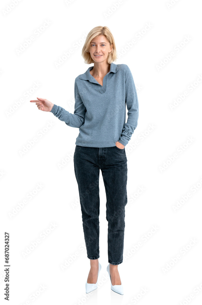 Happy young woman with finger pointing side, isolated over white background Happy young woman with finger pointing side, isolated over white background