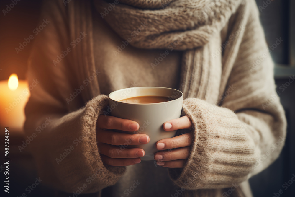 Woman wearing warm clothing holding cup of coffee, winter, christmas time, holidays, relaxation, leisure concepts Woman wearing warm clothing holding cup of coffee, winter, christmas time, holidays, relaxation, leisure concepts