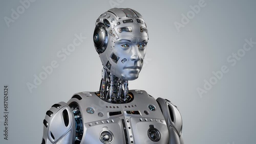 Humanoid robot or futuristic cyber man touches his head or makes use your mind gesture. 3d rendering animation of the upper body. Front view isolated on color background with alpha