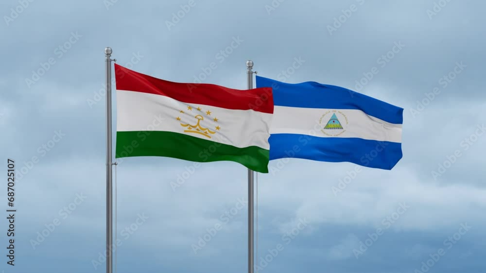 Nicaragua flag and Tajikistan flag waving together on cloudy sky, endless seamless loop, two country relations concept