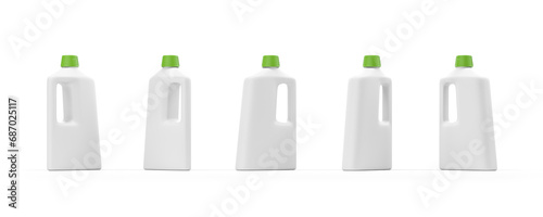 Five white bottles with detergent