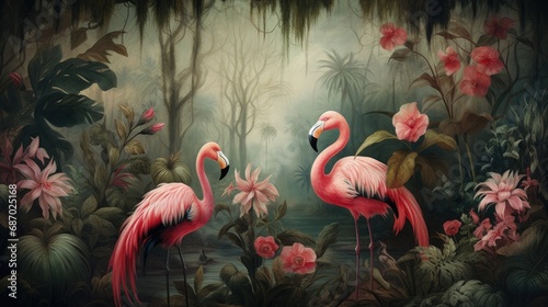 Two flamingos in a tropical garden with flowers and  trees. Wallpaper jungle and leaves tropical forest mural with flamingo. Old drawing vintage background. Ai generative photo