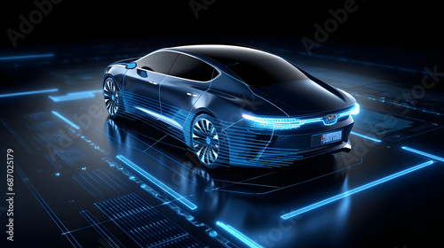 Automotive sensing system concept. Autonomous car. Driver assistant system. Adaptive cruise control. Generative Ai. photo