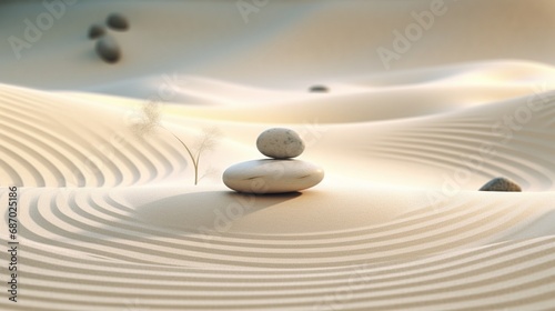 Zen garden meditation stone background for harmony  balance  and relaxation with replica space stones and lines in the sand for spa wellness