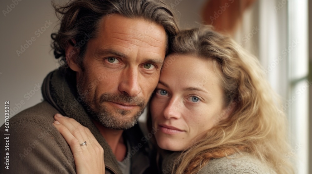 An embrace between a European couple in their middle years. An embrace between a European couple in their middle years.