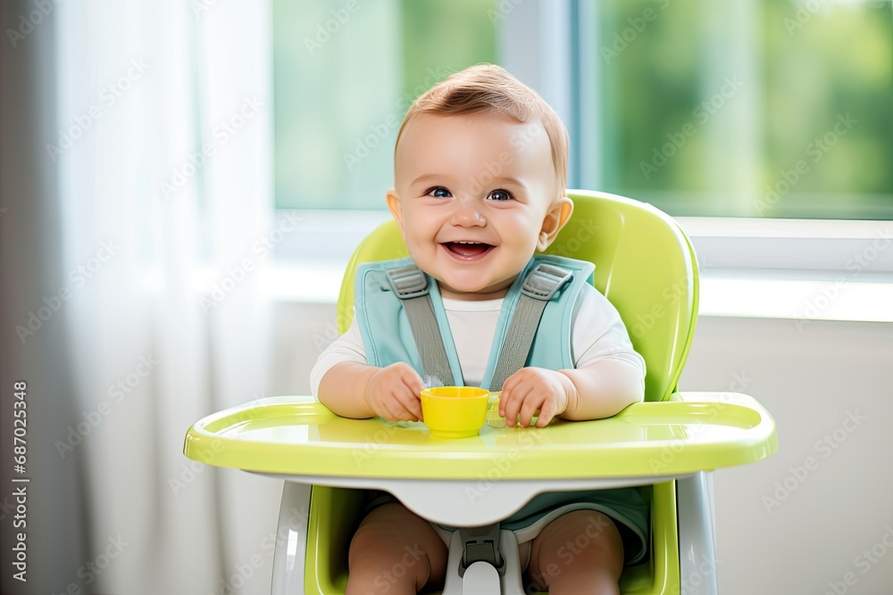 Cute, smiling toddler with a plate of vegetable puree sitting on a chair by the table. Cute, smiling toddler with a plate of vegetable puree sitting on a chair by the table.