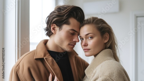 A touching moment captured at home with a European couple in their middle years.