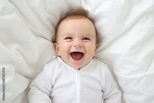 Laughing baby on light soft blanket. Close-up. The view from the top.