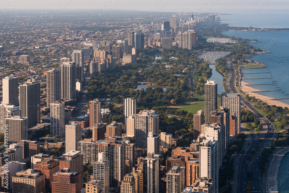 Chicago city skyscrapers aerial view, lake Michigan coastline and park