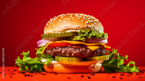 Big tasty hamburger on the wooden board, soft focus background © lisssbetha