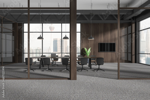 Modern business office room interior with meeting table  panoramic window