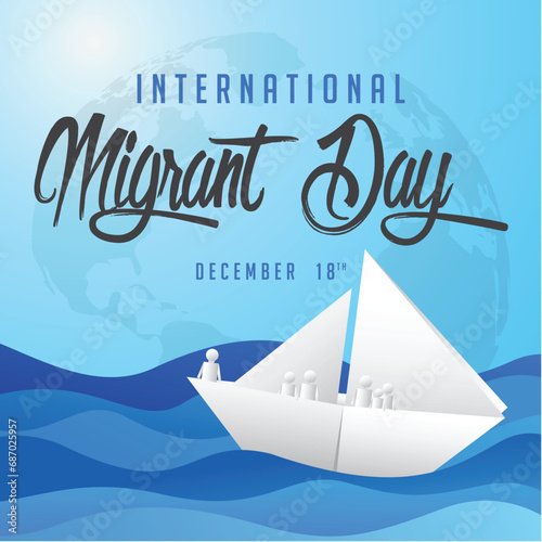 international migrant day. Illustration of a Boat and People from Origami Paper. Celebrate international migrant day on December 18th. Suitable for greeting card, social media, posters etc
