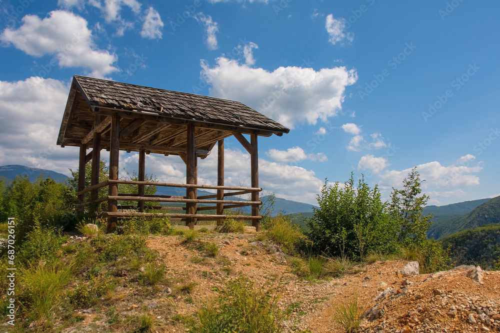 A covered view point on the hills overlooking Martin Brod, Bihac, in the Una National Park. Una-Sana Canton, Federation of Bosnia and Herzegovina. Early September A covered view point on the hills overlooking Martin Brod, Bihac, in the Una National Park. Una-Sana Canton, Federation of Bosnia and Herzegovina. Early September