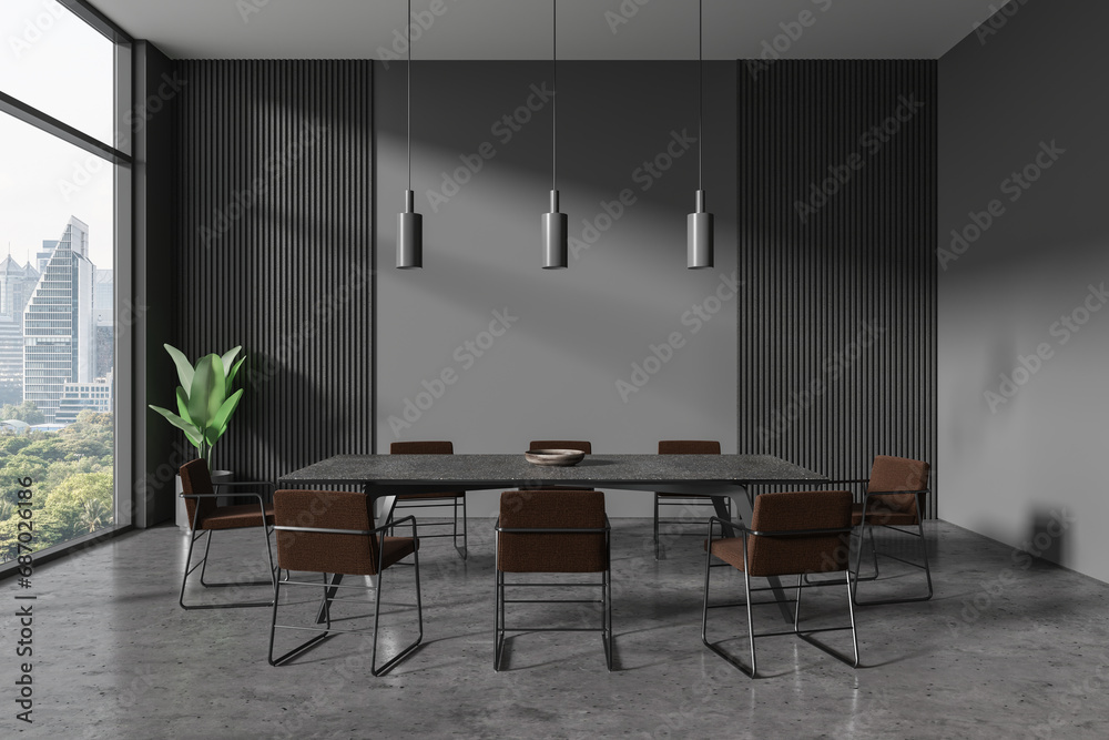 Fototapeta premium Gray dining room interior with long table