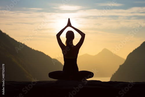 Woman practicing yoga in mountains, meditating outdoors. Meditation, healthy lifestyle, relaxation, yoga, self care, mindfulness concept