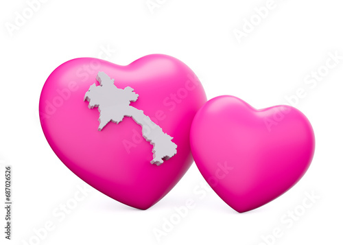 3d Shiny Pink Hearts With 3d White Map Of Laos Isolated On White Background, 3d illustration