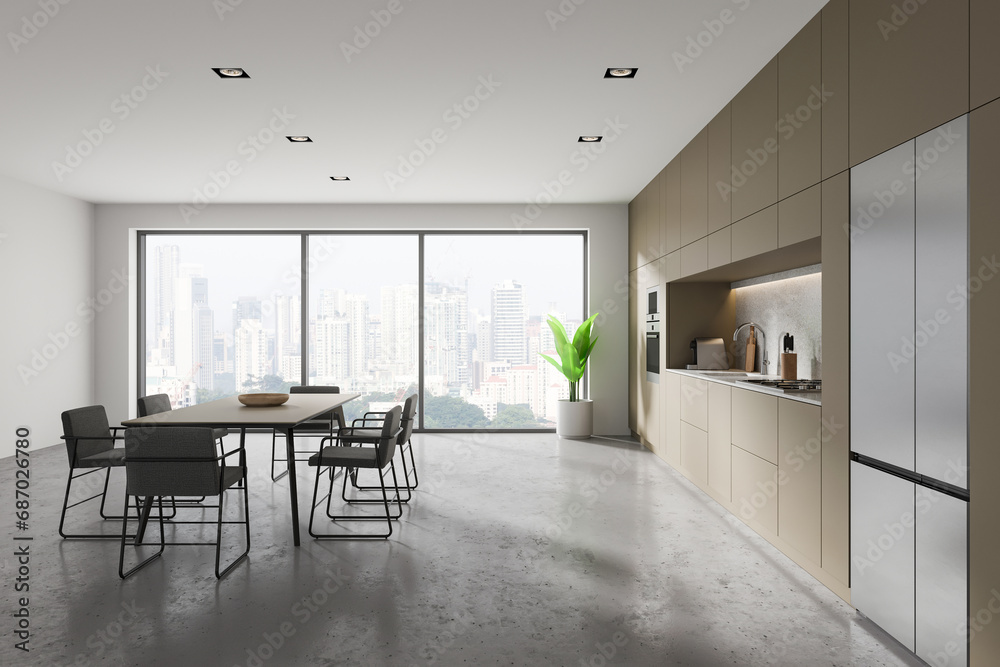 Modern home kitchen interior with dining and cooking space, panoramic window