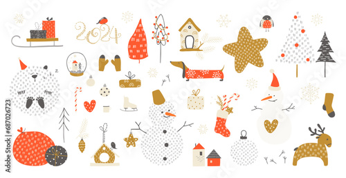 Collection of Christmas decorations. Cartoon Christmas trees, snowmen, snowflakes, balls, sock, dog, bird, feeder, dog, deer, sleigh, mug, bear, gifts, star.
