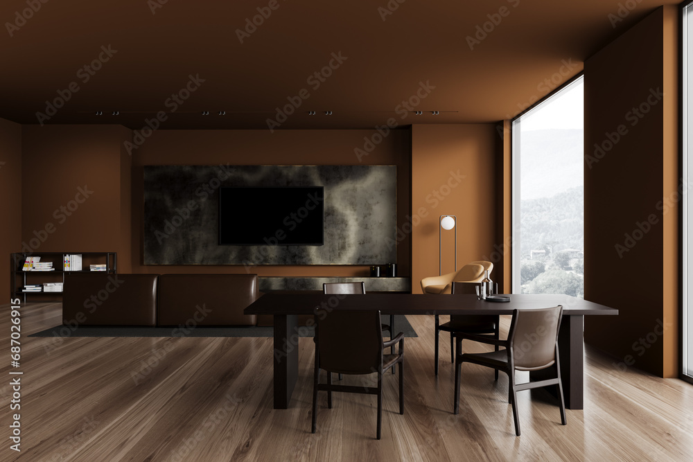 Brown home living room interior with dining table and tv zone with sofa, window Brown home living room interior with dining table and tv zone with sofa, window