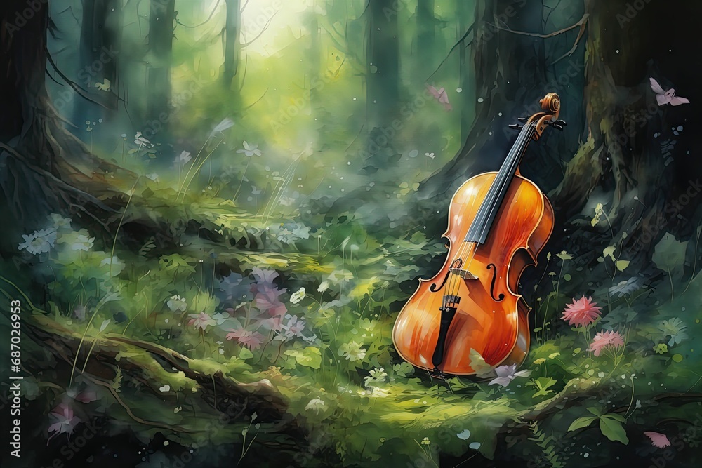 Cello in a mossy forest