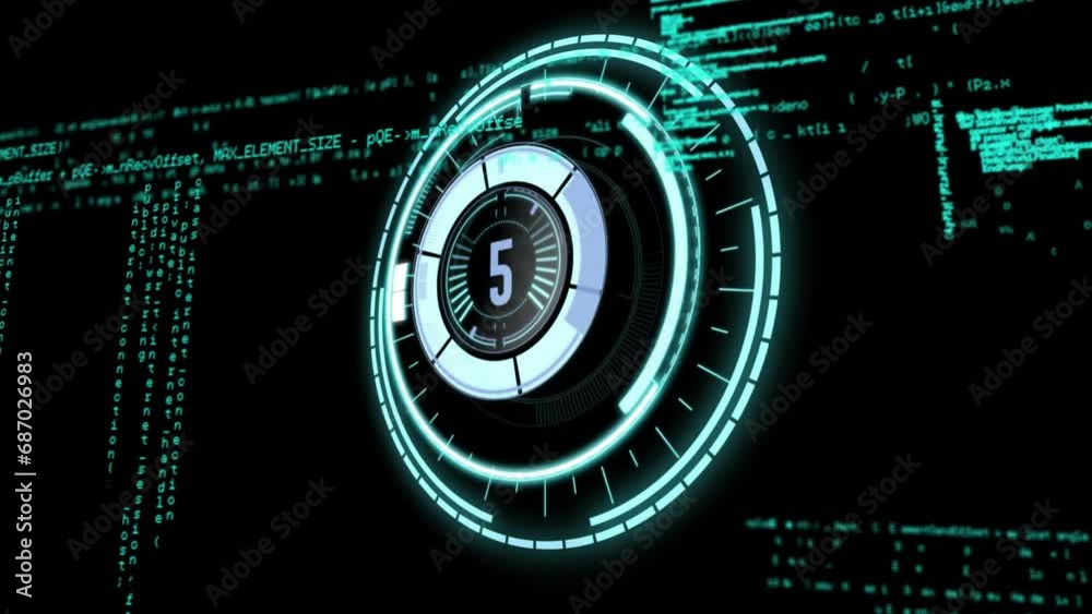 Animation of countdown 10 to 0 in loading circles and computer language over black background