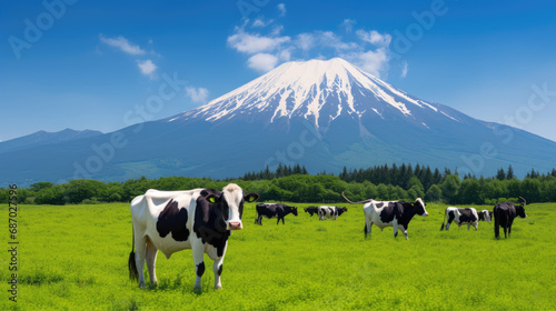 Cows eating lush grass. Green Pastures. Cows Grazing on Lush Grass Fields