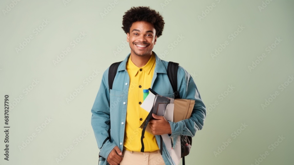 A happy young man of mixed ethnicity holds books and a backpack, radiating joy for the camera. A happy young man of mixed ethnicity holds books and a backpack, radiating joy for the camera.