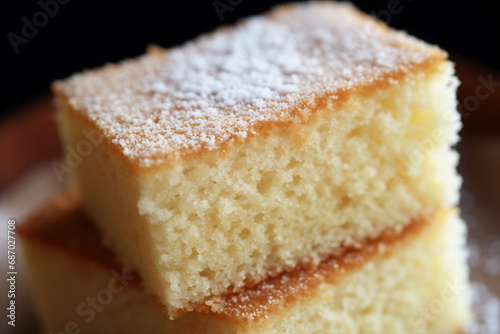 A piece of sponge cake for a cake close-up  sprinkled with powdered sugar.